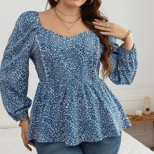Blue Leopard Print Plus Sweetheart Blouse